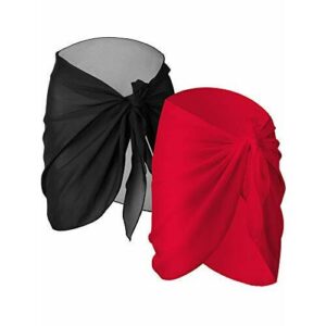 2 Piezas de Pareo de Playa de Mujeres Cubiertas Sarong Falda de Gasa de Bañador (Negro y Rojo)