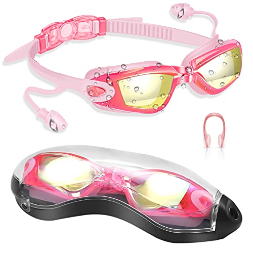 DAWINSIE Gafas de natación unisex para adultos y jóvenes, gran angular de 180°, antivaho, protección UV, gafas de buceo con pinzas para la nariz, tapones para los oídos y caja para gafas