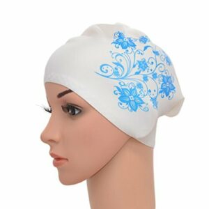 Medifier - Gorro de natación elástico para mujer, de silicona, para pelo largo, diseño de flores, para adultos, blanco