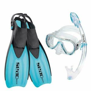 SEAC Set Sprint Dry Conjunto de Snorkeling con máscara de Buceo, esnórquel y Aletas de talón Abierto, para niños y Adultos, Juventud Unisex, Azul, 32/35