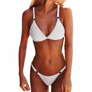 Bipily Conjuntos de Bikinis para Mujer Color Sólido Traje De Baño Bikini Triángulo Tanga 2 Piezas Traje de baño brasileño Push-Up Traje de baño-Blanco-L