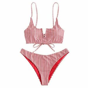 ZAFUL Mujer Bikini Conjunto,Bikini Sexy en Forma de V con Correa Delgada y Traje de Baño con Estampado de Rayas (Rojo, S)