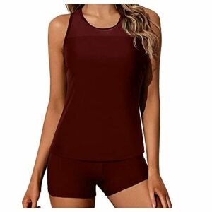 Tankini para mujer con control de abdomen, 2 piezas, traje de baño Tummy Control Top con pantalones cortos, traje de baño de dos piezas, Vino, M