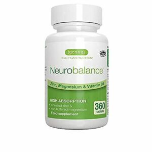 Neurobalance ZMB6- Suplemento de Picolinato de Zinc, Citrato de Magnesio y Vitamina B6: función cognitiva, muscular, energética y más, 360 comprimidos, de Igennus