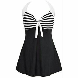 PANOZON Vestido de Traje de Baño para Mujer en la Playa para Verano con Falda Opcionales (X-Large, Negro Blanco-3)