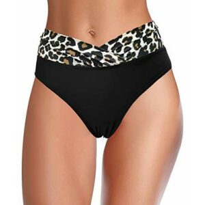 SHEKINI Traje de Baño para Mujer Abdominal Cintura Alta de Bikini Pantalones de natación Ruched Color Sólido Bañadores Retro Ropa de Playa Bikini Bragas (Estampado Leopardo B, S)