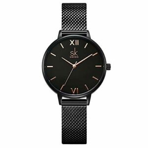 SHENGKE Reloj de Pulsera para Mujer, Correa de Malla, Elegante, para Mujer, Estilo Simplicidad (K0039-black-mesh Band)