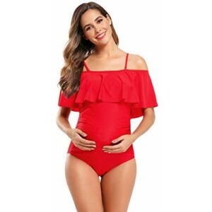 SHEKINI Mujer Embarazadas Traje de Baño Elegente Ajustable Acolchada Traje de Baño de Una Pieza Ruched Talla Grande Vestido de Premama Ropa de Playa(M, Rojo)