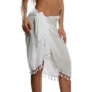 Vestidos Verano Mujer de Playa Semi-Transparente Ropa de Baño Bañador de Gasa Falda Corta con Borlas Blanco