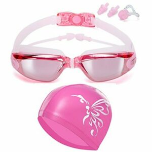 Canst Kaser Ajustable conjunto de gafas de natación y gorra, sin fugas antiniebla, protección UV de triatlón con pinza-nariz, tapones para los oídos, carcasa para adulto y mujer juvenil (rosa)