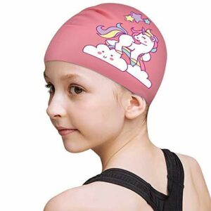 Funown Gorros de natación para niños, niños, niños y niñas de 2 a 8 años, gorras de baño impermeables para cabello largo y corto (rosa)