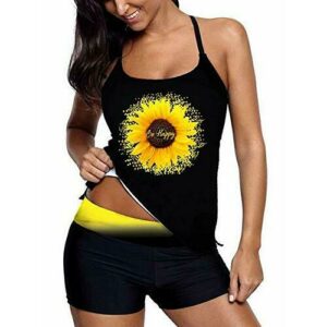 Sixyotie Mujer Deportivo Traje de Baño Dos Piezas de Rayas Color Top Conjunto Inferior Bikini Tankini (Sunflower, L)