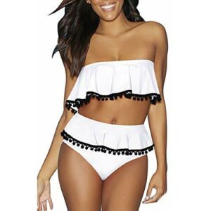 Mujer Traje de Baño Volantes Borla Tops con Pompon Fuera del Hombro Bikini de Dos Piezas Ropa de Playa de Cintura Alta Blanco L