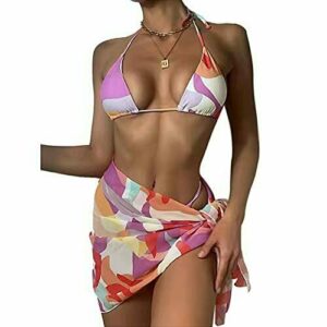Yyyuluo Mujer Ropa de Baño Bikinis Conjuntos - Traje de Baño de 3 Piezas Gasa Ropa de Playa Estampado Bikini Tanga Cuello en V Juego de Bikini Falda de Pareo Bañador Abrigo Bufanda Natación L