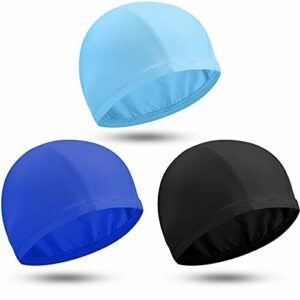 3 Gorros de Natación Elásticos Sombrero de Natación de Tela Cómoda Gorros de Baño Unisex Gorros Antideslizantes para Piscinas(Negro, Azul, Azul Cielo)