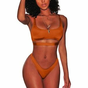 Bikinis Brasileños para Mujer Sexy Conjuntos de Bikini con Tiras Recortadas Tanga de Corte Alto con Escote Redondo Bajo Naranja M