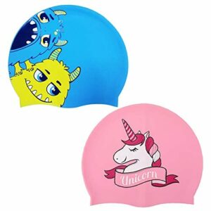 2 Piezas Gorro de Baño de Silicona de Dibujos, Gorros de Natación para Niños, Gorra de Natación para Niños Niñas Nadando, Gorro de Baño Lindo para Niños, Adecuado para Niños Nadando y Bañándose