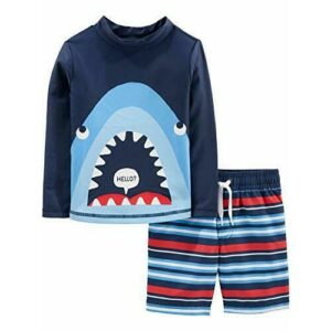 Simple Joys by Carter's Swimsuit Trunk and Rashguard Set Juego de protección de Sarpullido, Azul Marino Tiburón/Rojo Rayas, 3-6 Meses para Bebés
