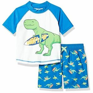Simple Joys by Carter's Swimsuit Trunk and Rashguard Set Juego de protección contra erupciones, Azul Blanco Dinosaurio, 3 años para Bebés