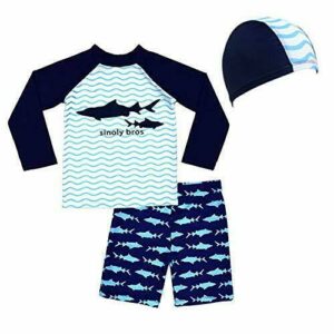 Lazzon (2 piezas) Conjunto completo de manga larga para natación, protección UV, protector contra erupciones, traje de baño con gorro de baño Niños Tiburones azules 56 años
