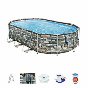 BESTWAY 56719C - Piscina Desmontable Tubular Power Steel Oval Diseño Piedra 610 x 366 x 122 cm, con Depuradora Cartucho 9.463 L/H con Escalera