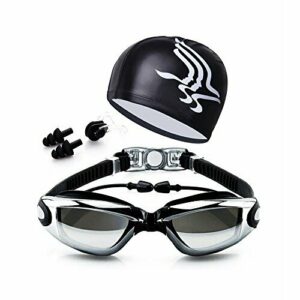 Canst Kaser Ajustable conjunto de gafas de natación y gorra, sin fugas antiniebla, protección UV de triatlón con pinza-nariz, tapones para los oídos, carcasa para adulto y mujer juvenil (Negro)