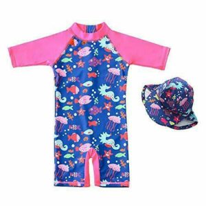 7-Mi Bañador para niña de una pieza, protección UV 50+, traje de baño con cremallera y sombrero para el sol., peces, 12-18 Meses