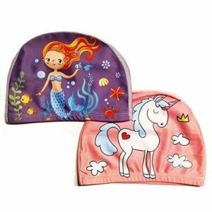 Juego de 2 gorros de natación mágicos para niñas (edad: 2 – 4 años) – Unicornio y sirena – 100% nailon y 0% tirón