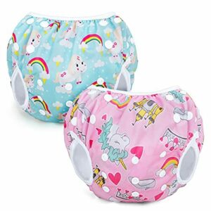 Teamoy pañals nadar lavables(paquete de 2), reutilizables pañales para baño pañales de natación para bebés niño, Unicornio rosa + unicornio azul