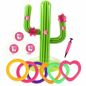 Bascolor 17Pcs Inflable Juegos de Lanzamiento con Cactus inflable Anillo inflable del lanzamiento Número Pegatinas y Flamingo Caja Regalo para Juegos Exterior niños Adulto Piscina Juego Mexican Fiesta