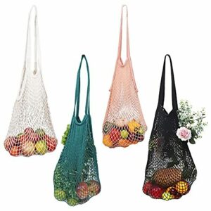 BELLE VOUS Pack de 4 Bolsa de Malla para la Compra Bolsa Red de Algodón con Asa - Bolsas Reutilizables Fruta y Verdura, Abarrotes - Bolsa Juguetes Playa Lavable